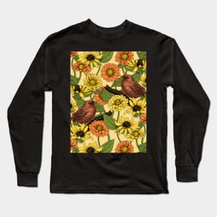 Wrens and flowers on pale yellow Long Sleeve T-Shirt